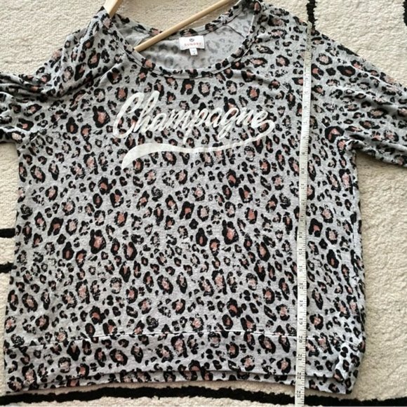 SUNDRY Gray Champagne Crop Pullover Leopard Animal Print Graphic Top - Picture 11 of 12